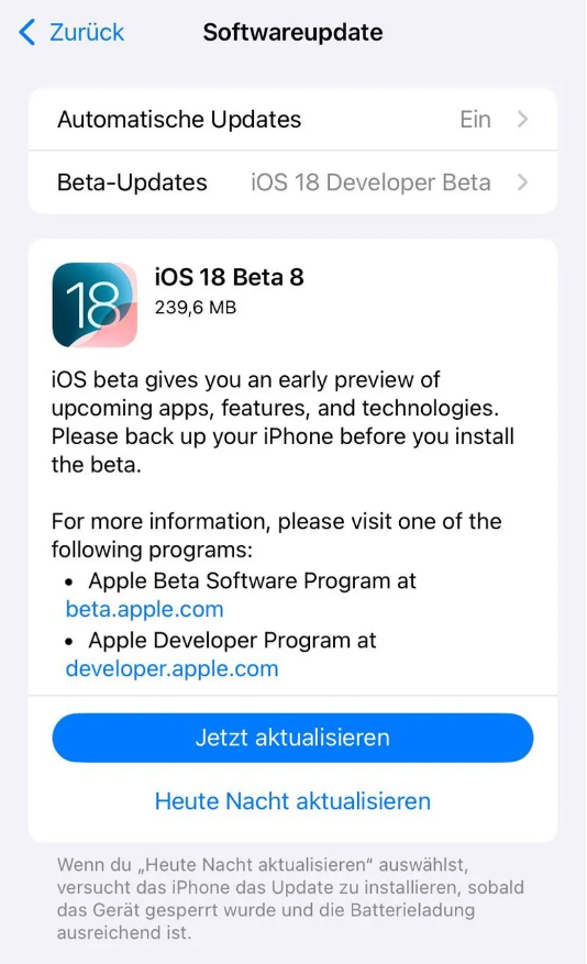 兴县苹果手机维修分享苹果 iOS / iPadOS 18 开发者预览版 Beta 8 发布 